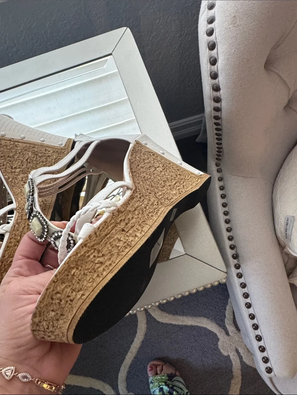 Patrizia Pepe White Braided Cork Wedge Sandals with Embellishments